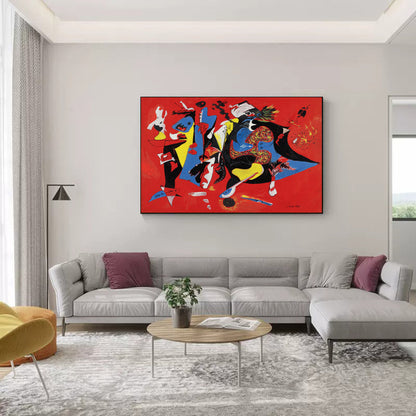 Vibrant Abstract Oil Painting of a Festive Celebration on Bold Red Canvas