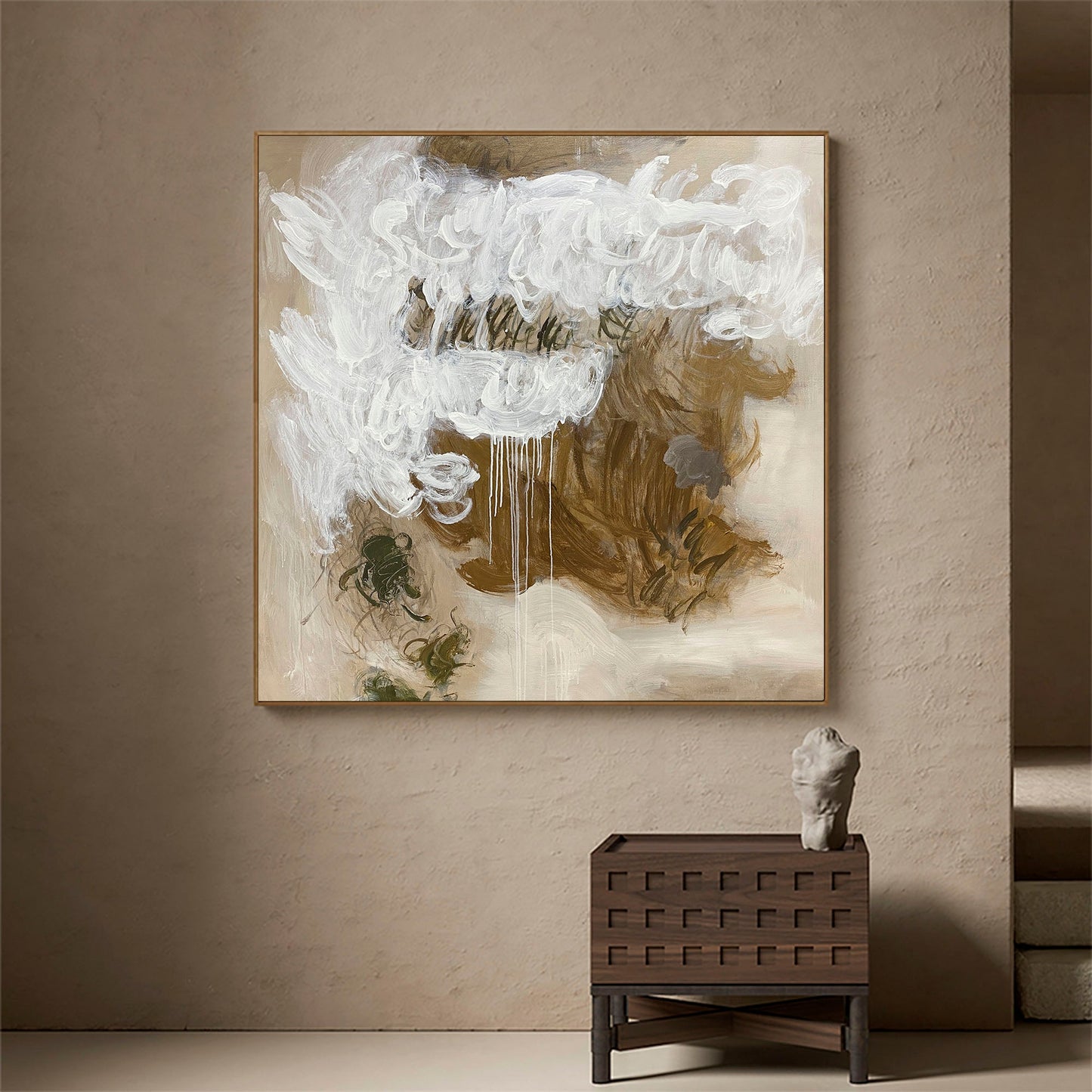 Contemporary Abstract Oil Painting with Textured White and Earth Tones