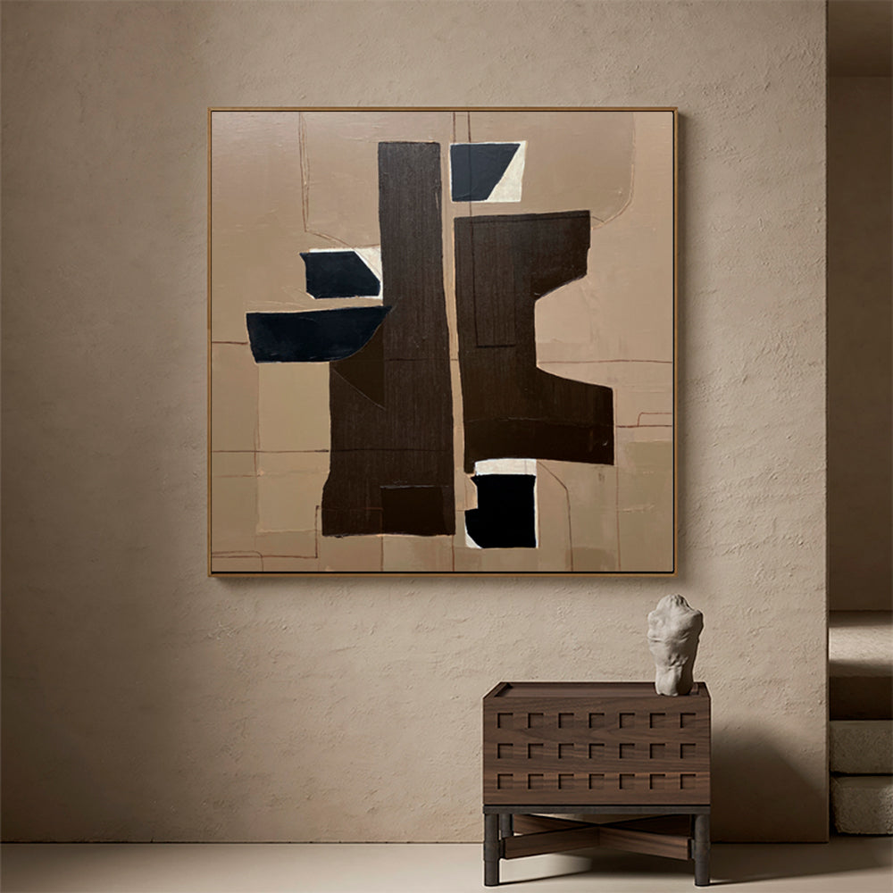 Wabi-Sabi Minimalist Black and Beige Abstract Oil Painting for Modern Decor