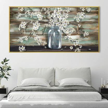 Charming White Blossoms in Rustic Jar - Elegant Floral Oil Painting for Home Decor