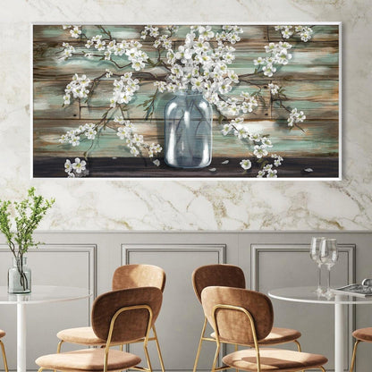 Charming White Blossoms in Rustic Jar - Elegant Floral Oil Painting for Home Decor