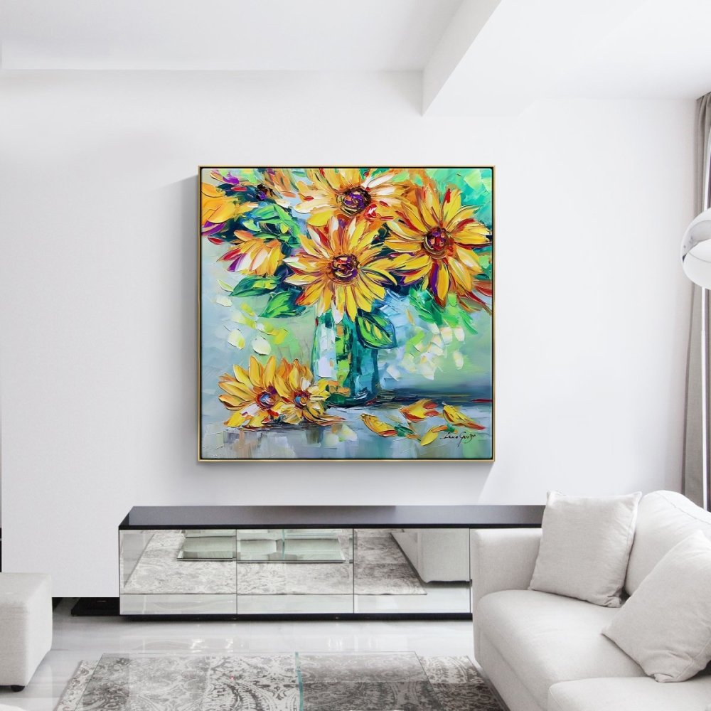 Vibrant Sunflower Blooms in Colorful Vase - Original Oil Painting for Home Decor