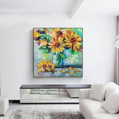 Vibrant Sunflower Blooms in Colorful Vase - Original Oil Painting for Home Decor
