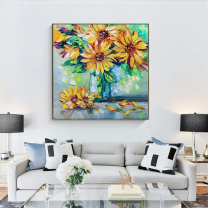 Vibrant Sunflower Blooms in Colorful Vase - Original Oil Painting for Home Decor