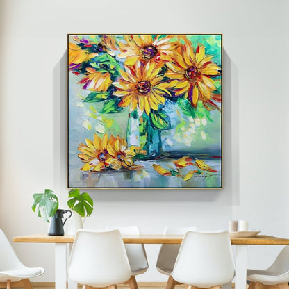 Vibrant Sunflower Blooms in Colorful Vase - Original Oil Painting for Home Decor