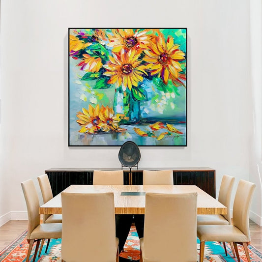 Vibrant Sunflower Blooms in Colorful Vase - Original Oil Painting for Home Decor