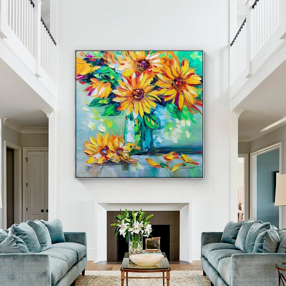 Vibrant Sunflower Blooms in Colorful Vase - Original Oil Painting for Home Decor