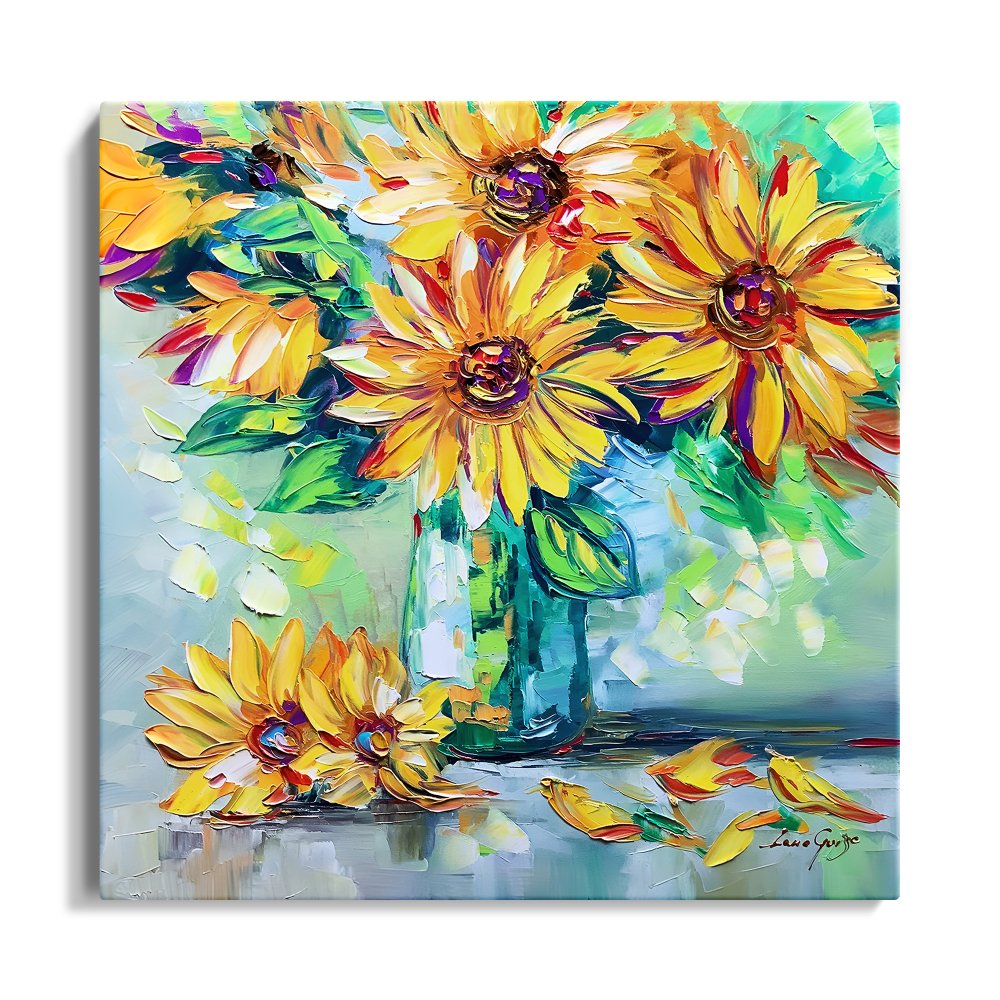 Vibrant Sunflower Blooms in Colorful Vase - Original Oil Painting for Home Decor