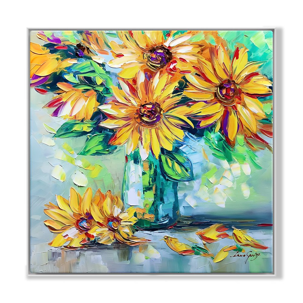 Vibrant Sunflower Blooms in Colorful Vase - Original Oil Painting for Home Decor
