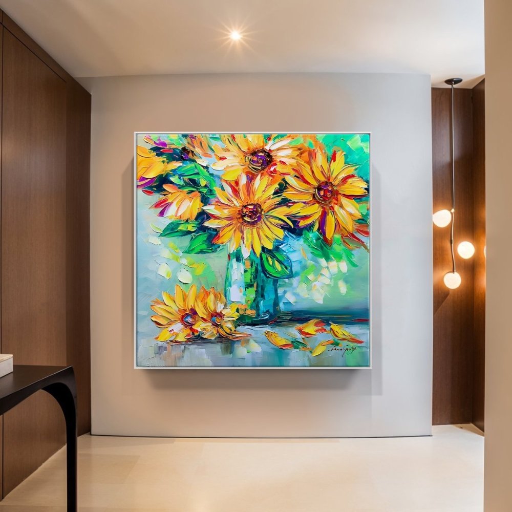 Vibrant Sunflower Blooms in Colorful Vase - Original Oil Painting for Home Decor