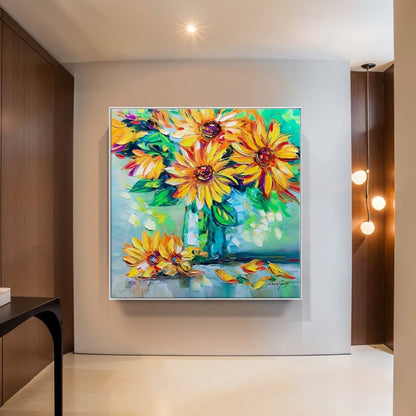 Vibrant Sunflower Blooms in Colorful Vase - Original Oil Painting for Home Decor
