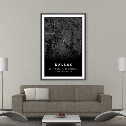 Stylish Black Map of Dallas - Modern Cityscape Oil Painting for Contemporary Decor