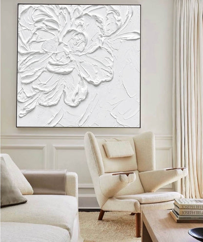 Textured White Floral Oil Painting – Modern Abstract Artwork for Home Decor