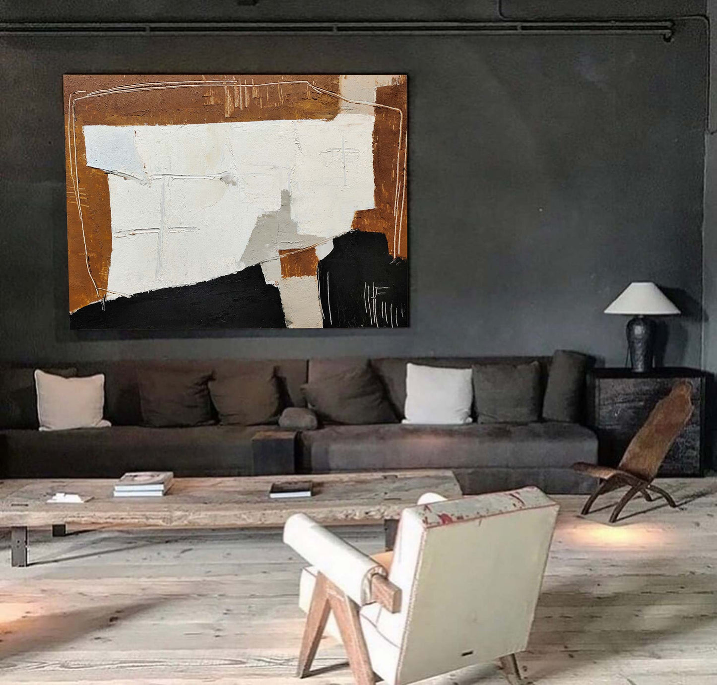 Contemporary Black and Brown Abstract Oil Painting for Modern Home Decor