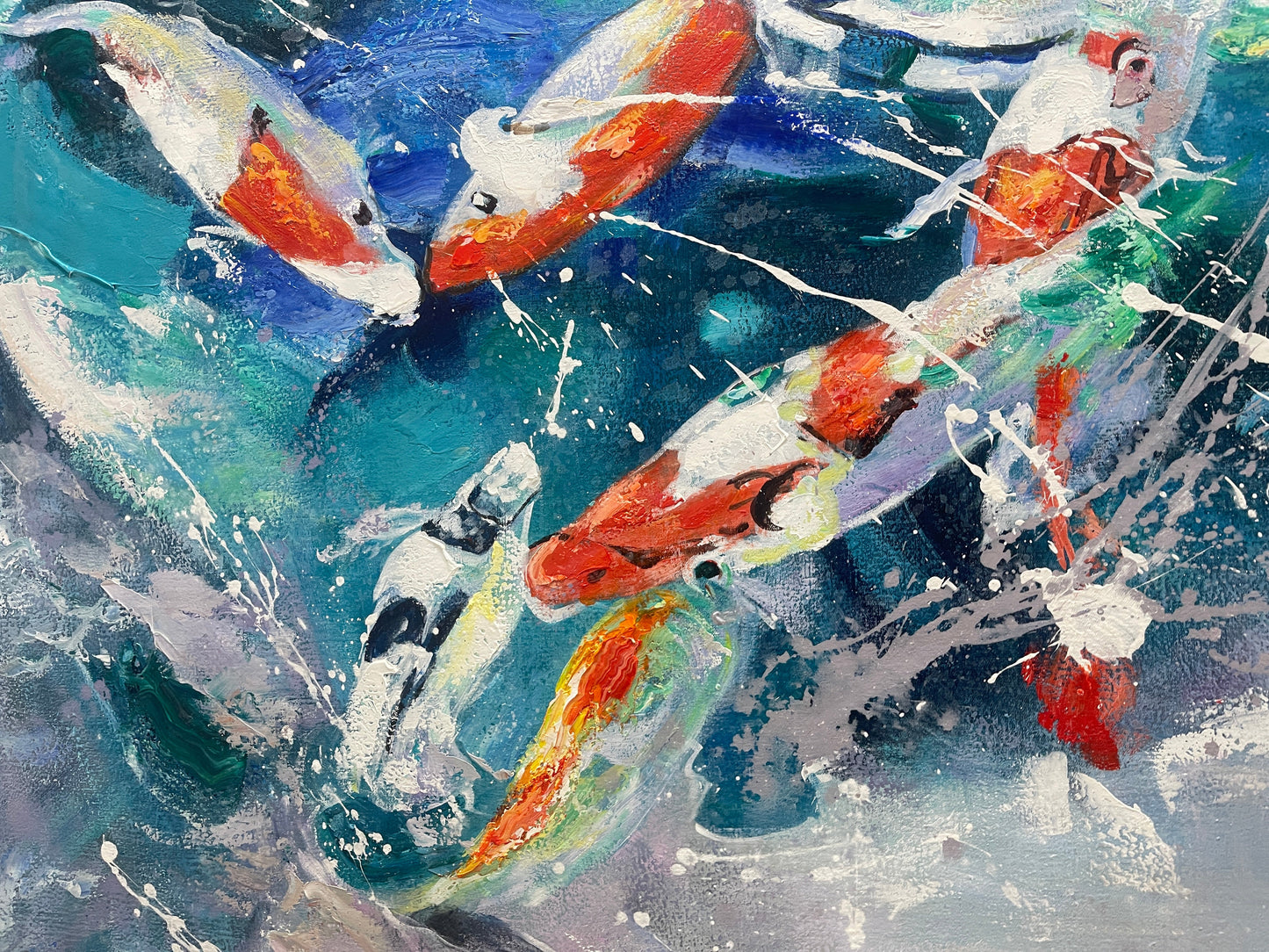 Vibrant Koi Fish Dance Abstract Oil Painting for Home Decor and Art Lovers