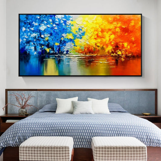 Vibrant Oil Painting of Seasonal Colors Reflecting in Tranquil Waters