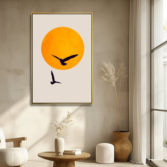 Abstract Sun and Birds Oil Painting for Modern Home Decor