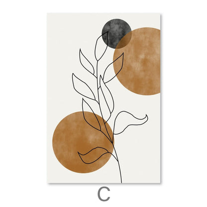 Abstract Dawn Oil Painting with Leaves and Earthy Circles for Modern Decor