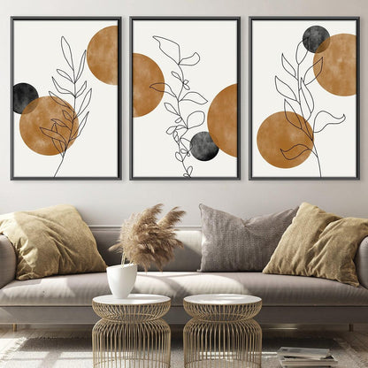 Abstract Dawn Oil Painting with Leaves and Earthy Circles for Modern Decor