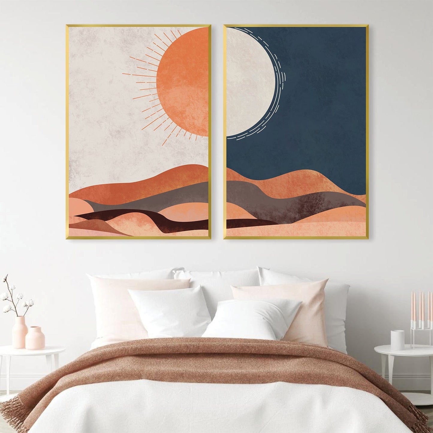 Sunset and Moonlight Landscape Oil Painting for Modern Home Decor