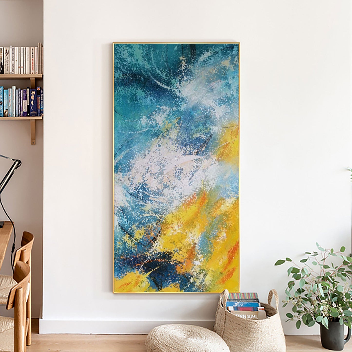 Vibrant Blue and Yellow Abstract Oil Painting for Modern Home Decor