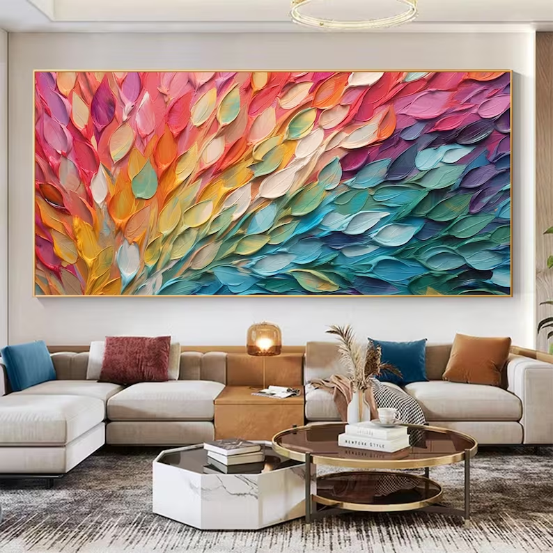 Vibrant Abstract Oil Painting with Colorful Leaf-Like Textures for Modern Decor