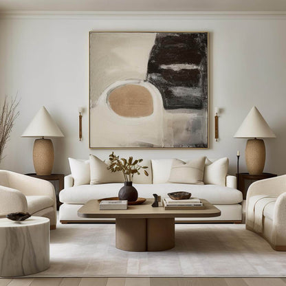 Contemporary Beige and Black Abstract Oil Painting for Modern Home Décor