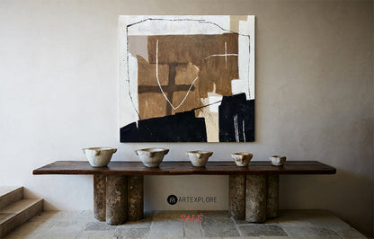 Contemporary Abstract Oil Painting with Bold Geometric Shapes and Earthy Tones