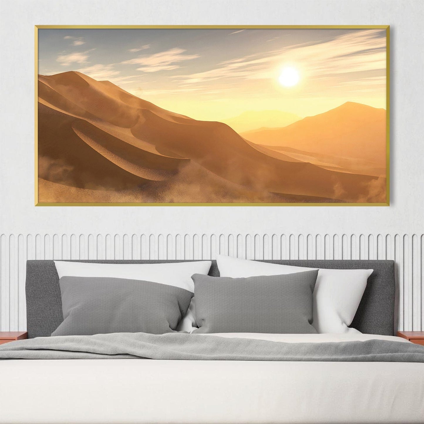 Stunning Oil Painting of Desert Sunrise Over Rolling Sand Dunes