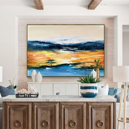 Vibrant Desert Oasis Landscape Oil Painting – Serene Sunset Reflection on Water