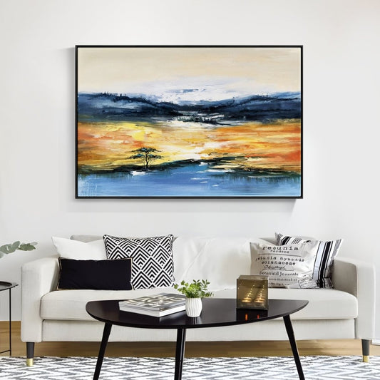 Vibrant Desert Oasis Landscape Oil Painting – Serene Sunset Reflection on Water