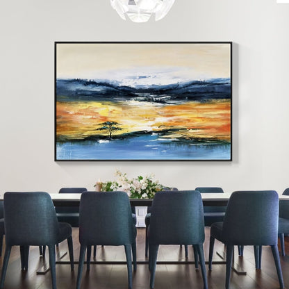 Vibrant Desert Oasis Landscape Oil Painting – Serene Sunset Reflection on Water