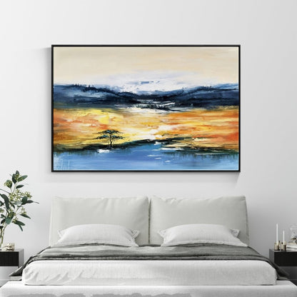 Vibrant Desert Oasis Landscape Oil Painting – Serene Sunset Reflection on Water