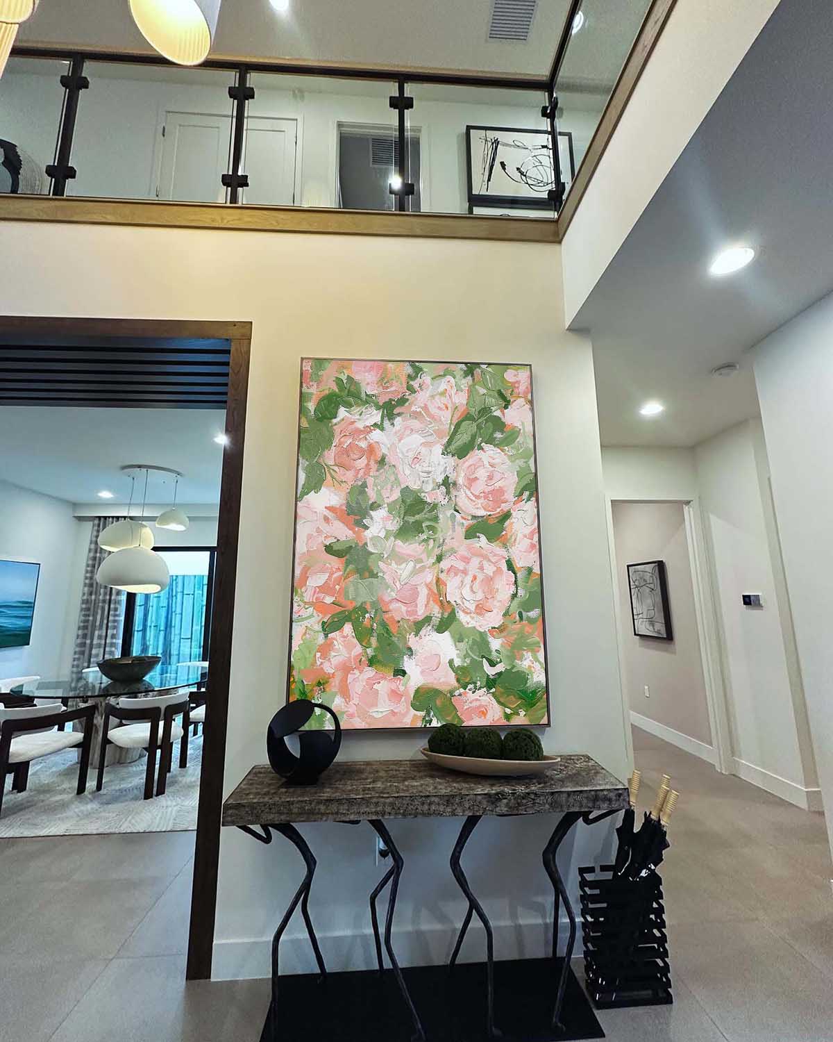 Vibrant Floral Oil Painting with Soft Pink and Green Hues for Elegant Home Decor