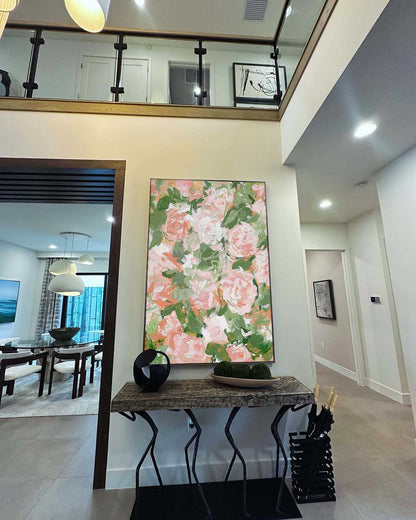 Vibrant Floral Oil Painting with Soft Pink and Green Hues for Elegant Home Decor