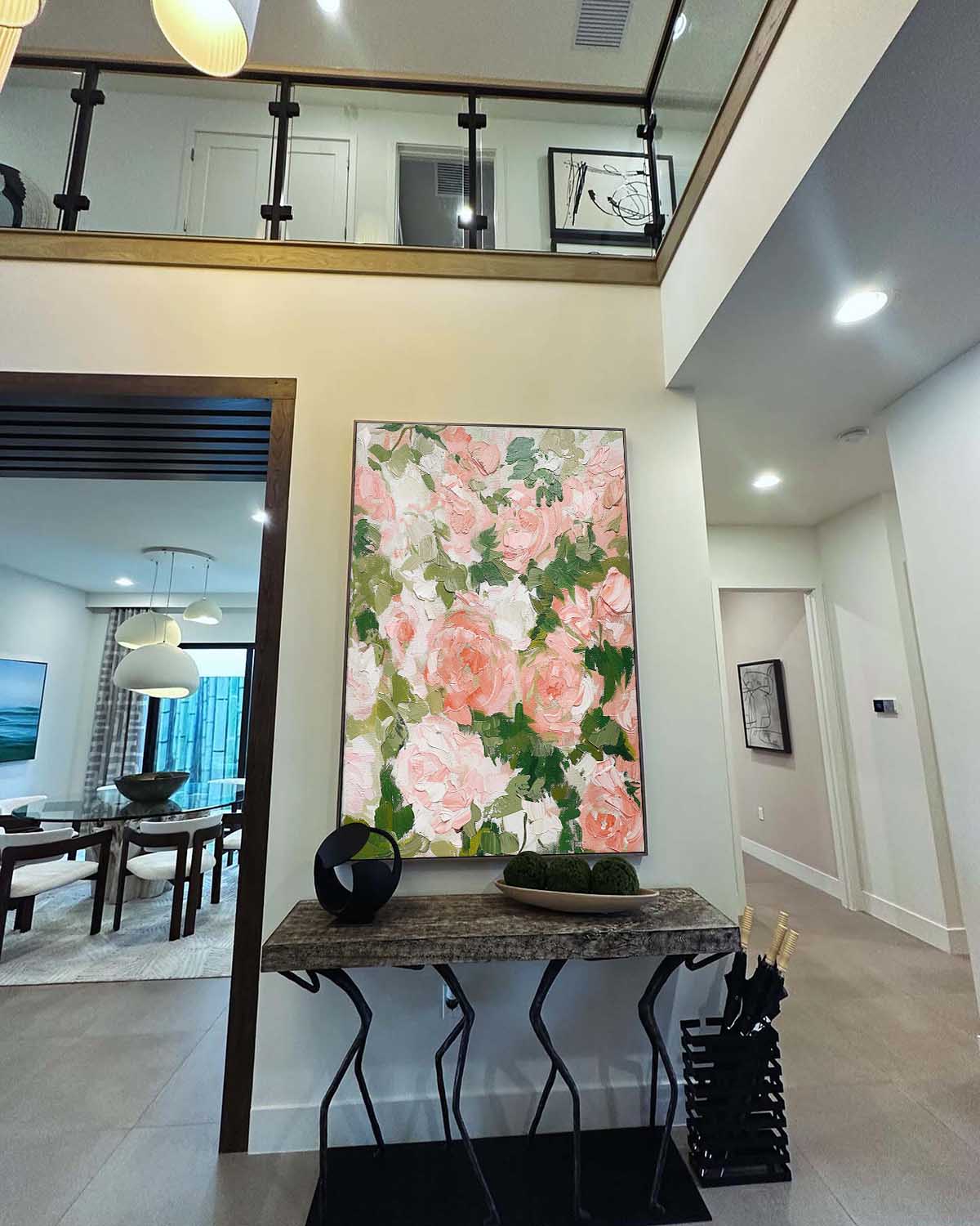 Vibrant Floral Oil Painting with Pink Roses and Green Leaves for Elegant Home Decor