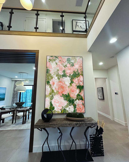 Vibrant Floral Oil Painting with Pink Roses and Green Leaves for Elegant Home Decor