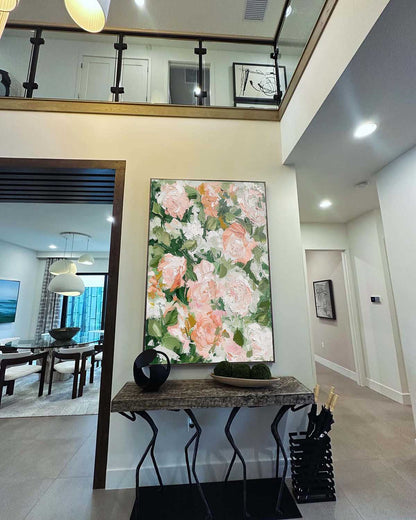Vibrant Floral Oil Painting with Soft Pink Roses and Lush Greenery