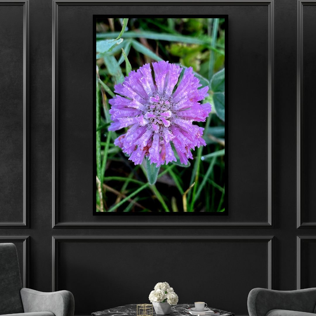 Vibrant Purple Flower with Dew Drops - Nature Oil Painting Decor