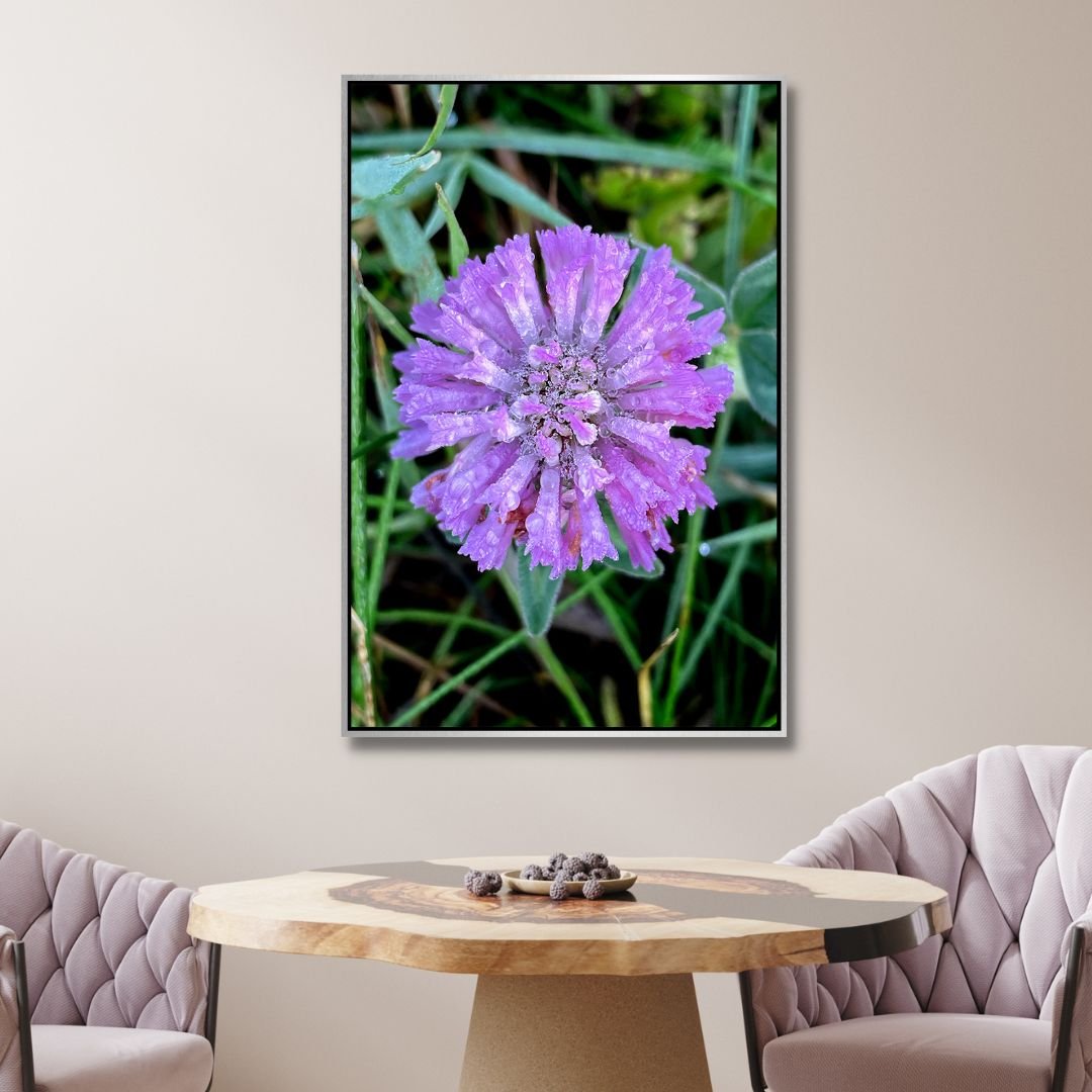 Vibrant Purple Flower with Dew Drops - Nature Oil Painting Decor