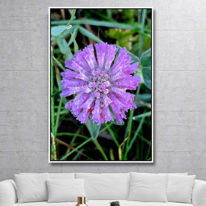 Vibrant Purple Flower with Dew Drops - Nature Oil Painting Decor