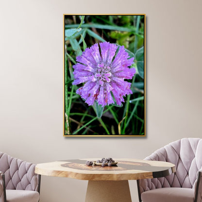 Vibrant Purple Flower with Dew Drops - Nature Oil Painting Decor