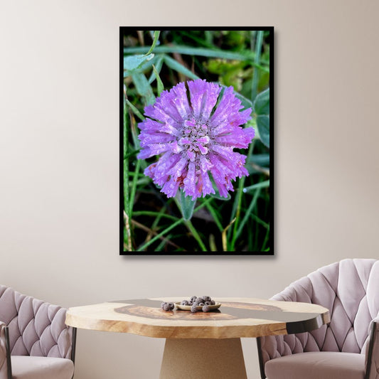 Vibrant Purple Flower with Dew Drops - Nature Oil Painting Decor