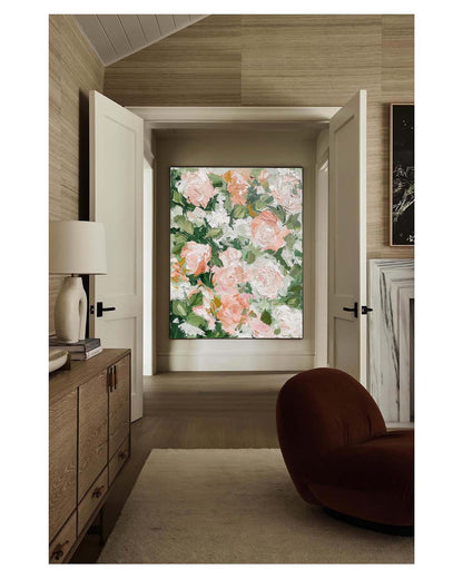 Vibrant Floral Oil Painting with Soft Pink Roses and Lush Greenery