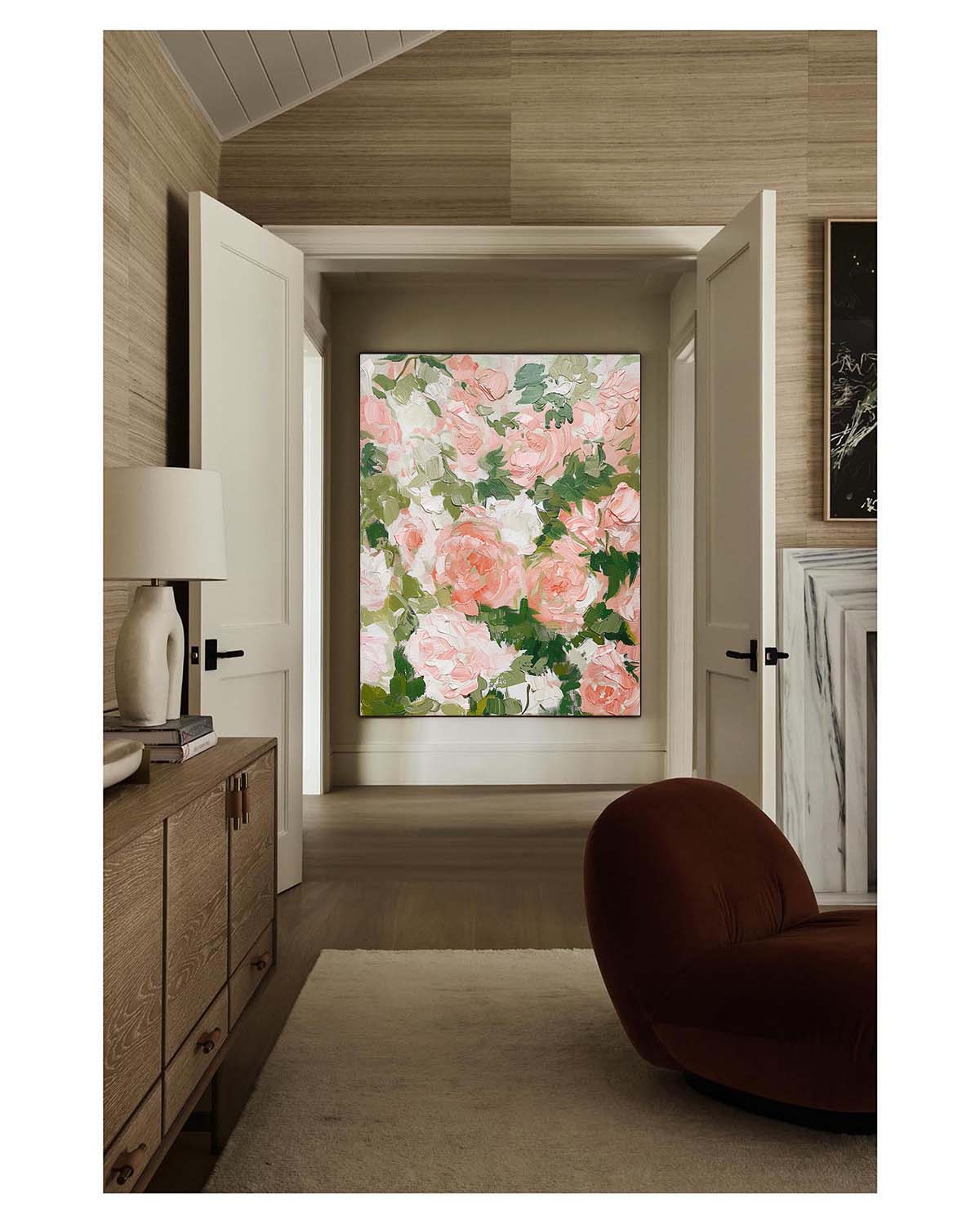 Vibrant Floral Oil Painting with Pink Roses and Green Leaves for Elegant Home Decor