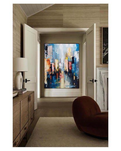 Vibrant Abstract Cityscape Oil Painting for Modern Home Decor