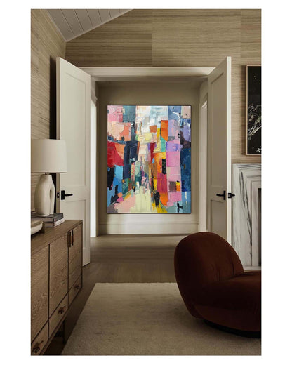 Vibrant Abstract Cityscape Oil Painting in Rich Color Palette for Modern Decor