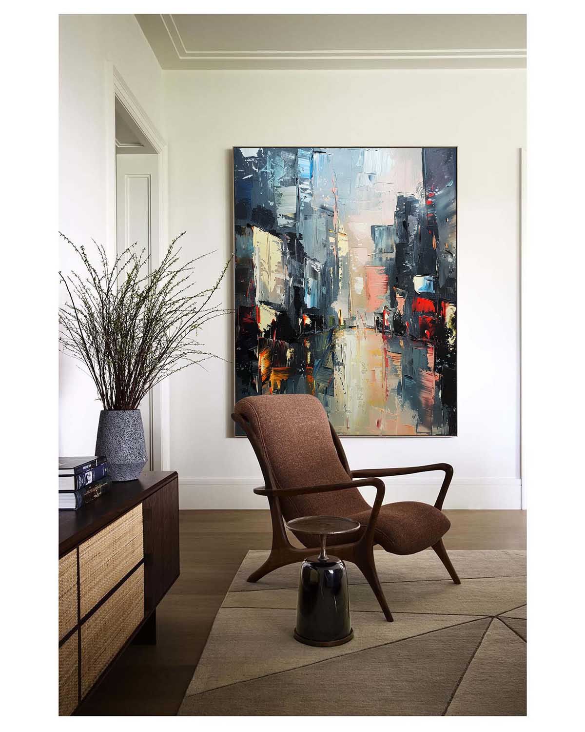 Vibrant Urban Landscape Oil Painting – Modern Cityscape Art for Home Decor