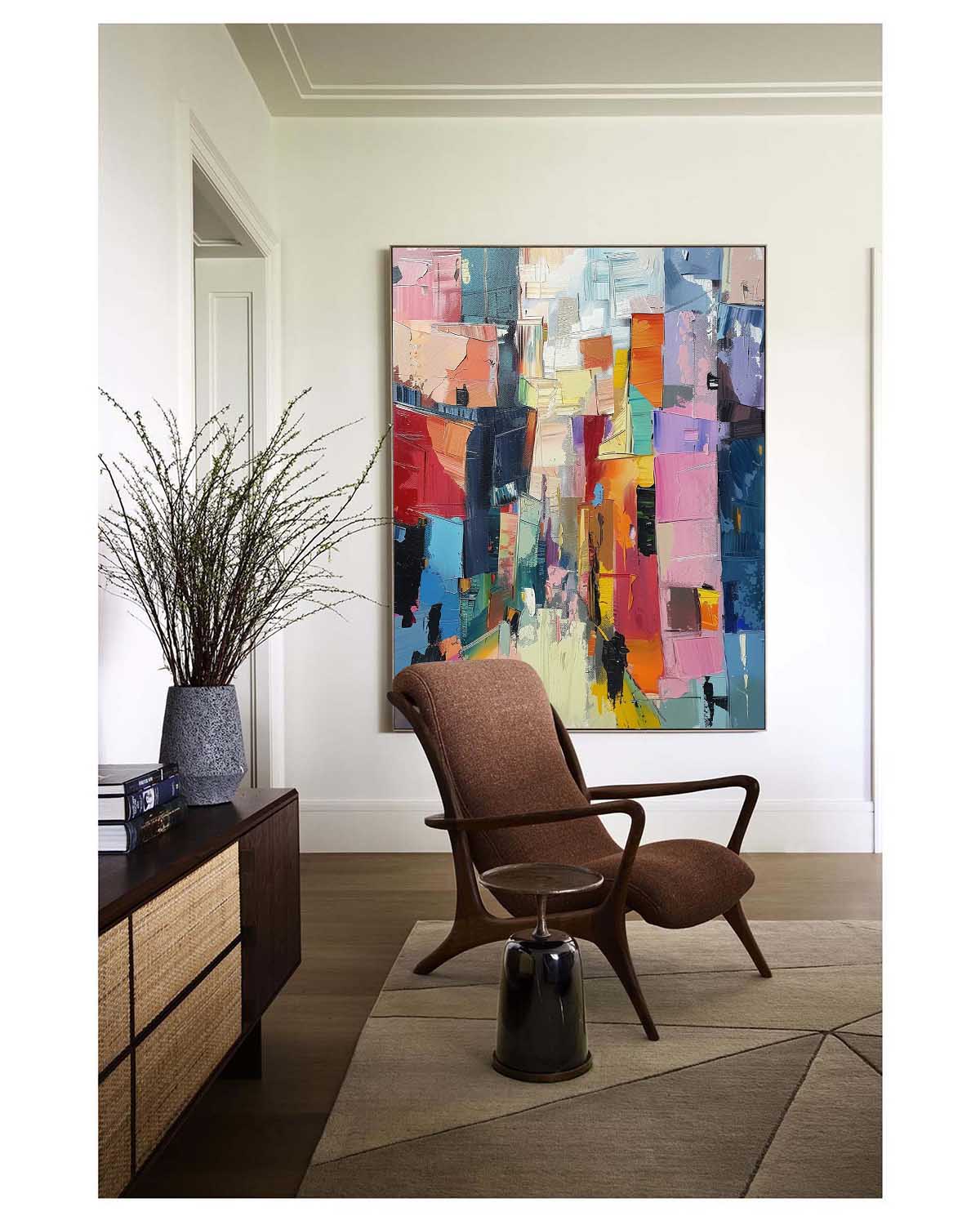 Vibrant Abstract Cityscape Oil Painting in Rich Color Palette for Modern Decor