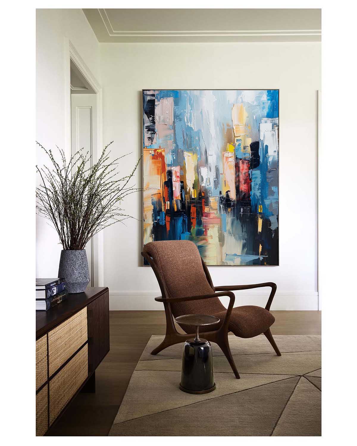 Vibrant Abstract Cityscape Oil Painting for Modern Home Decor